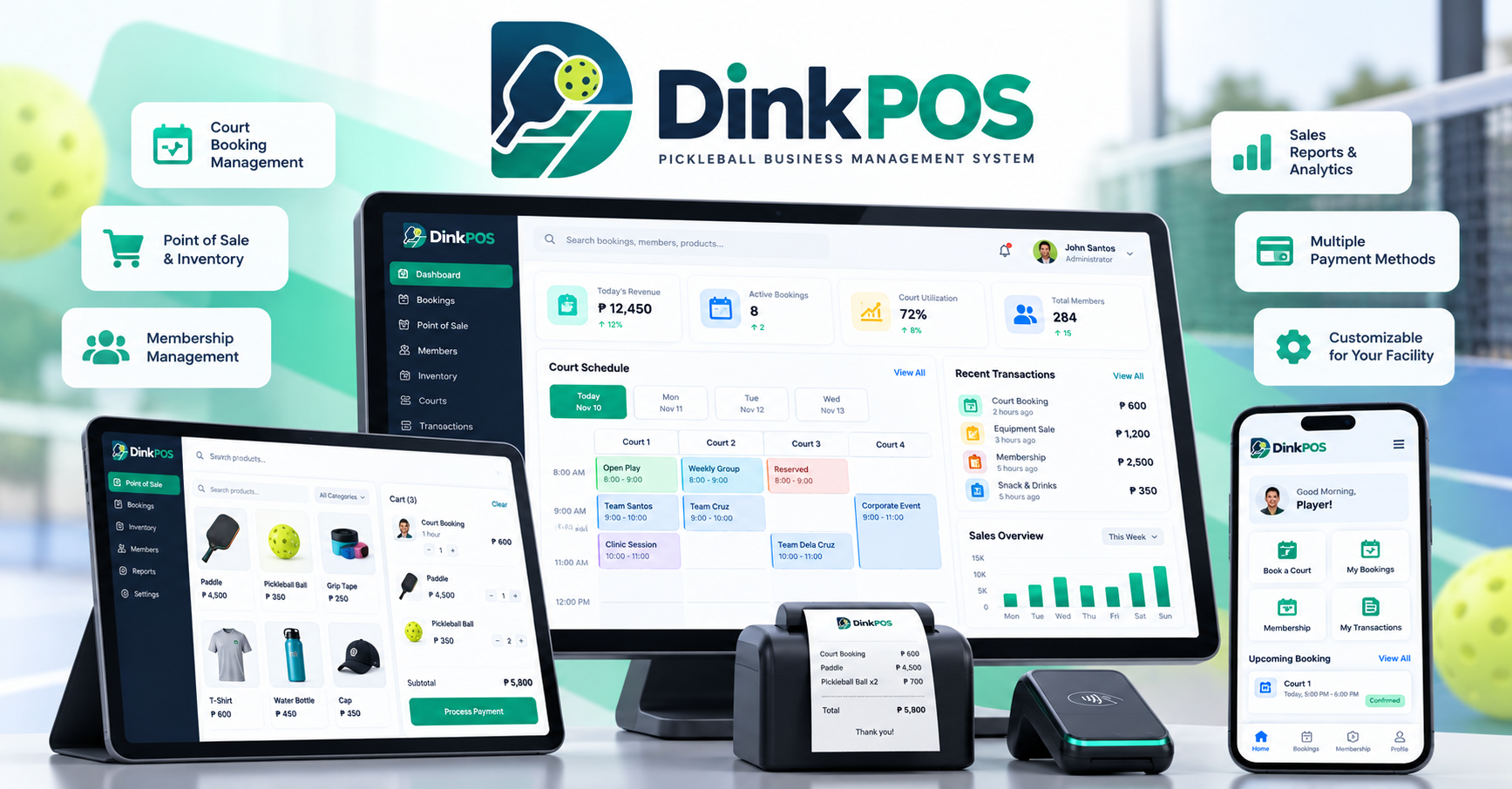 DinkPOS pickleball business management system shown on desktop, tablet and mobile, with court booking and point-of-sale screens