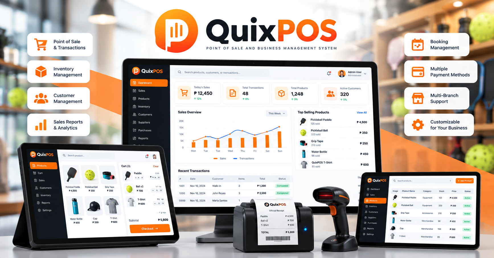 QuixPOS point of sale and business management system shown on desktop and tablet, with sales dashboard and product screens
